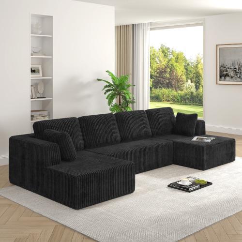[3 or 2 Packages Shipped] [sectional sofa couch] Niccae U-shaped Modular Sectional Sofa, Compressed Corduroy Fabric, Modern Style Living Room Sofa Bed, Space-Saving Recliner Design - Convertible Corduroy Sectional Sofa