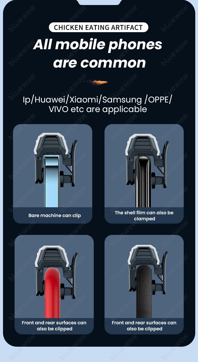 BlueWow Mobile Game Trigger 6 Fingers for iPhone & Android Enhanced Grip Stability Anti-slip Silicone Alloy Button Clip Fits 6mm to 15mm Thick Phones CODM Freefire Gaming Console