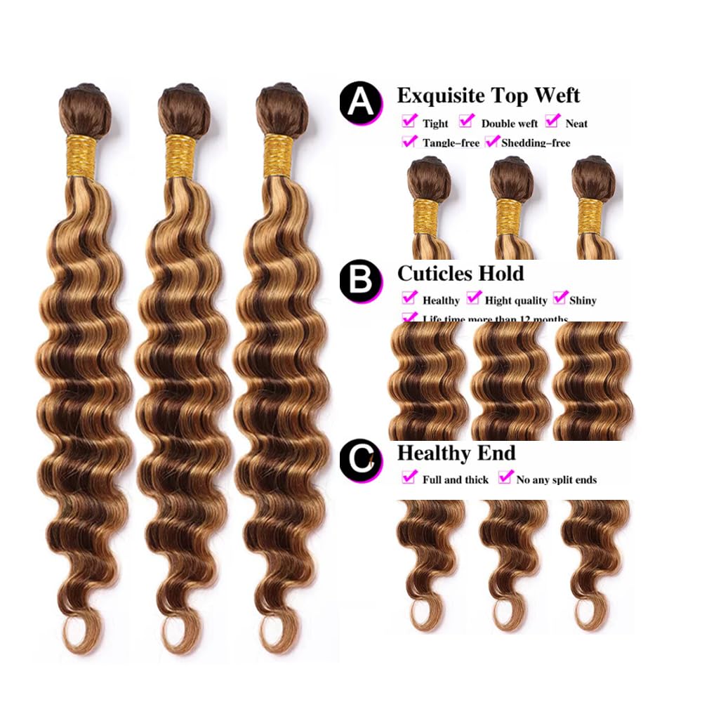 VIPbeauty 15A Human Hair Bundles Honey Blonde Bundles Human Hair 100% Unprocessed Brazilian Virgin Weave Bundles 1/3 Bundles P4/27 Highlights Human Hair Extensions Highlights Bundles for Women