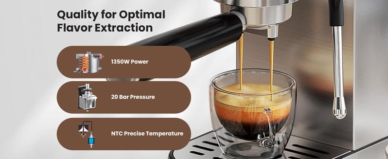 【Springtok】Gevi 20-Bar Espresso Coffee Machine – Professional Semi-Automatic Coffee Maker with Milk Frother Steam Wand