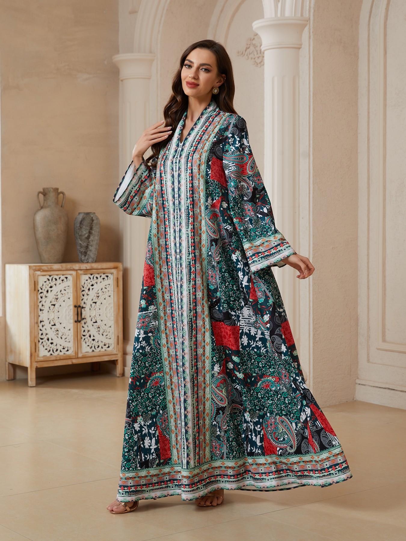 Middle Eastern Ramadan Eid Abaya, Ink Colorblock Cashmere Flower Long Robe, Dubai Style Luxury Kaftan Evening Gown