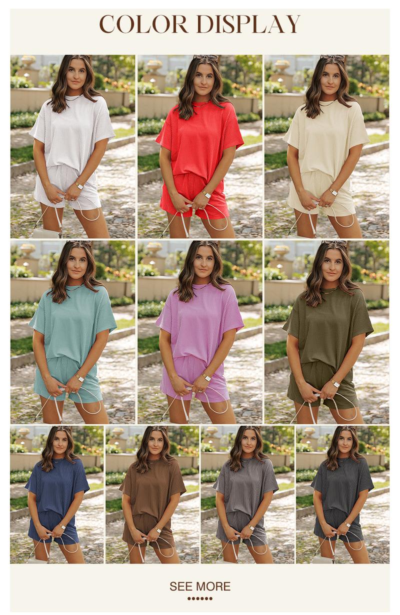 Asvivid Women's Summer Short Sleeve Twisted Thread Shirt & Shorts with Pockets Casual Pajamas Ribbed Textured Outfit Matching Lounge Set