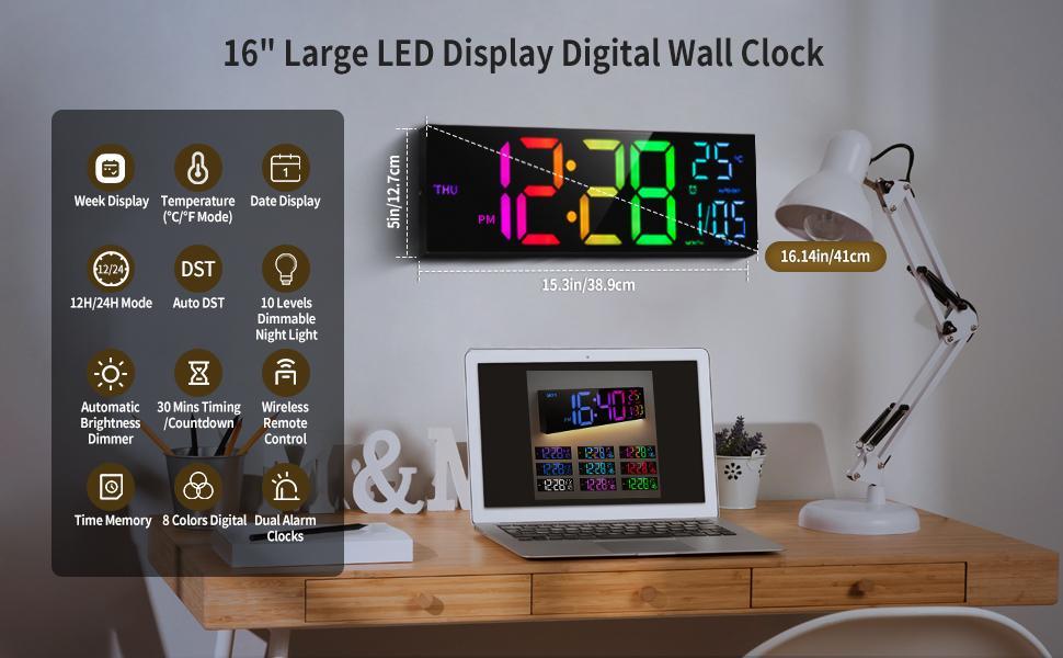 8 Colors Digital Wall Clock, 16.2" Large Digital Clock with Temperature, Date, Auto DST, Night Light, Auto Brightness Dimmer, 24/12-hour Wall Clock for Living Room Office Classroom Gym,camping essentials 8 Colors Digital Wall Clock, 16.2" Large Digital Clock with Temperature, Date, Auto DST, Night Light, Auto Brightness Dimmer, 24/12-hour Wall Clock for Living Room Office Classroom Gym,camping essentials