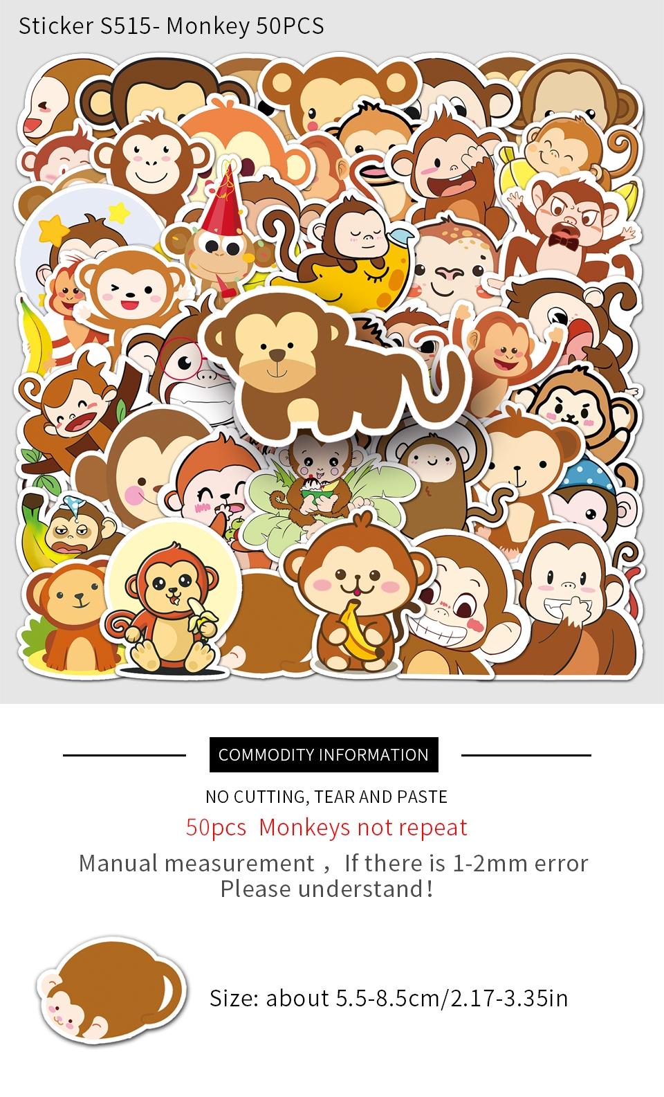 Cute Monkey Pattern Sticker, 100pcs/set Cartoon Monkey Decorative Sticker, Funny Stickers, DIY Decals for Water Bottle, Laptop, Phone Case, Scrapbooking, Journal Making