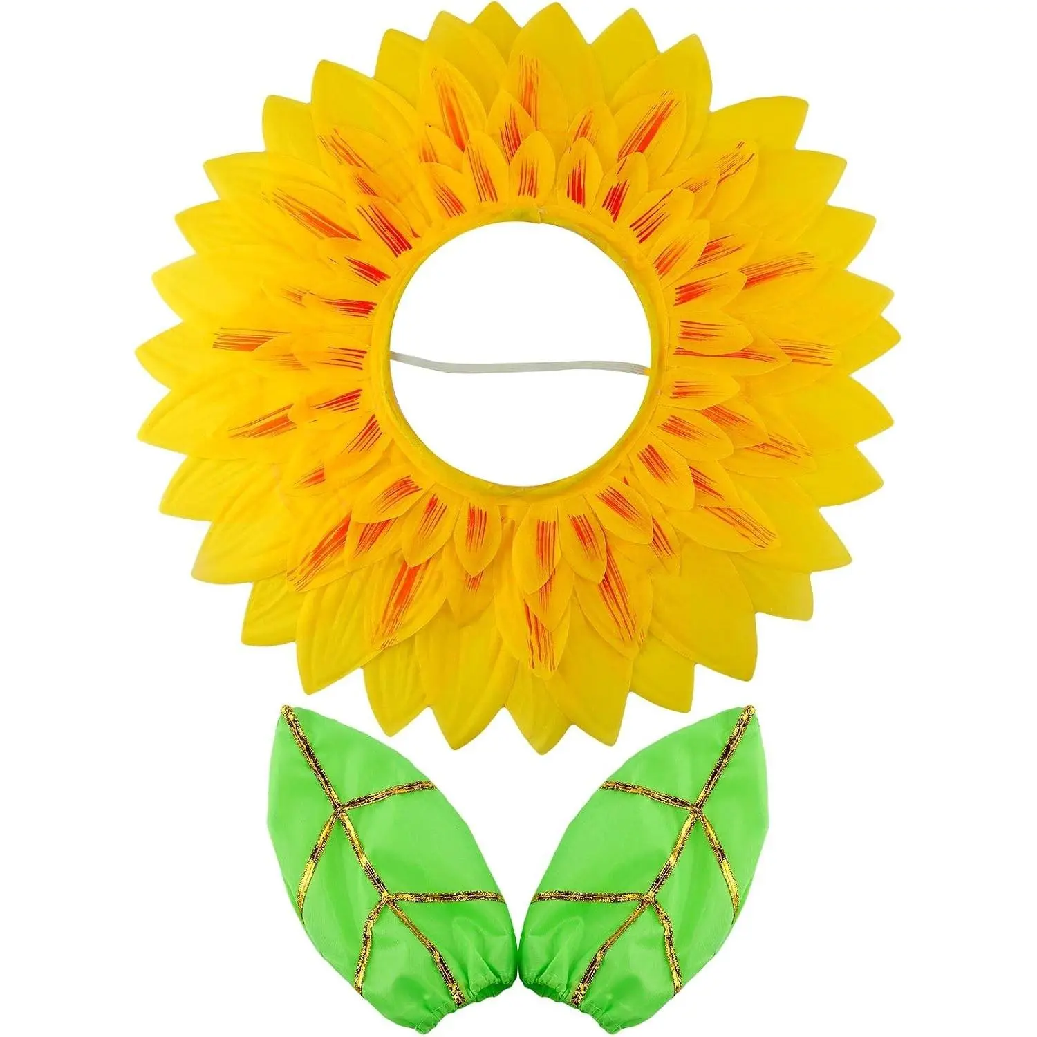 Halloween Sunflower Costume for Adult Women, 22.8" Fun Flower Costume with Yellow Headgear and 2 Green Leaf Gloves for Kids, Cosplay Dress Up Party Decor, GiftGift