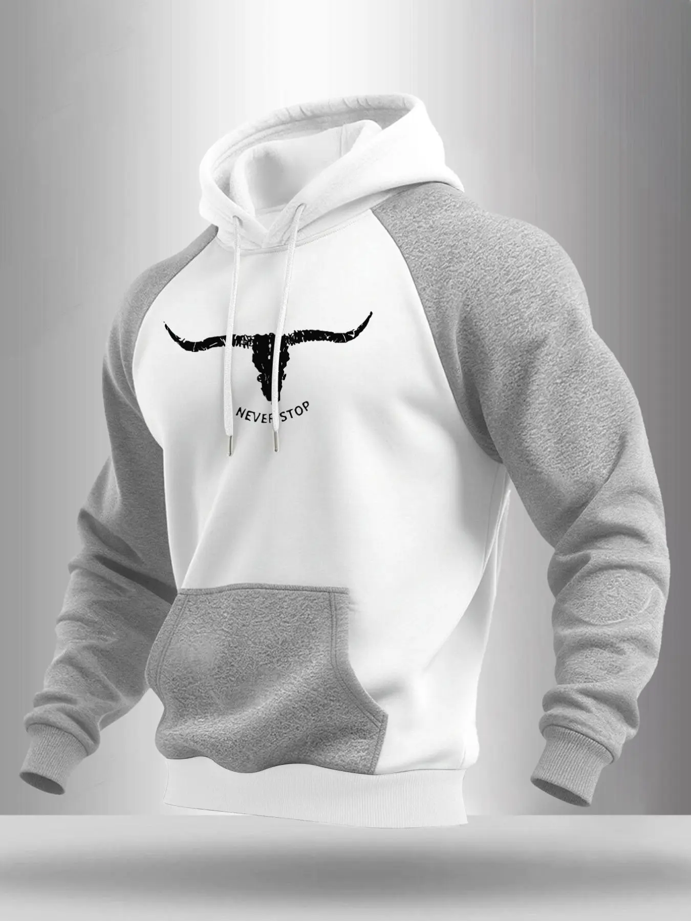 Men Raglan Sleeve Pullover Hoodie, Vintage Longhorn Bull Skull NEVER STOP Motivational Letter Graphic Print, Kangaroo Pocket Drawstring Soft Loose Western Street Casual Sweatshirt #LonghornHoodie #WesternStreetTop #MotivationalGraphicSweatshirt