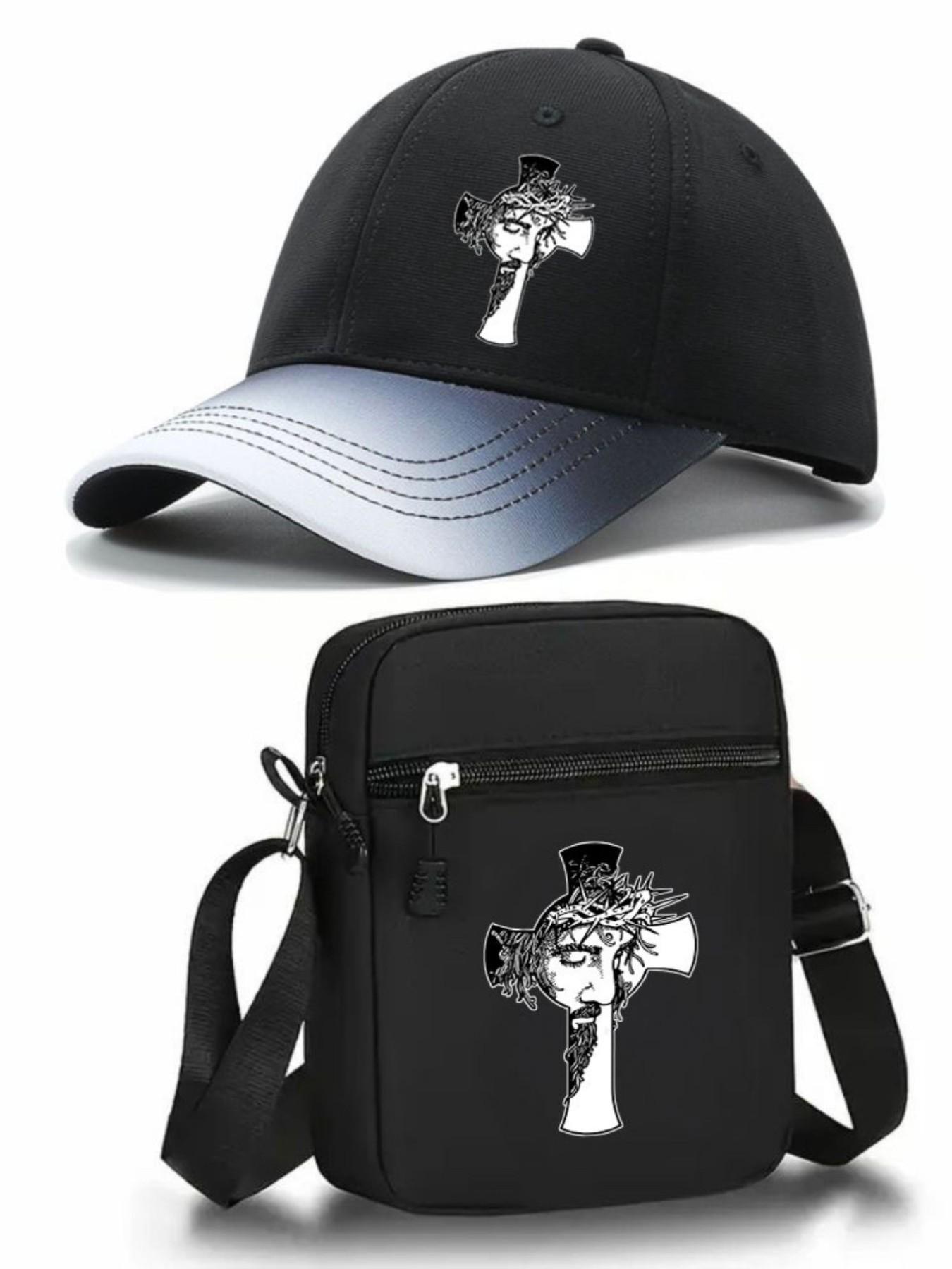 Jesus Cross Pattern Baseball Hat with Cross and Shoulder Bag Set, Adjustable Street Fashion, Unisex, All Seasons, Perfect for Daily Wear and Gifts