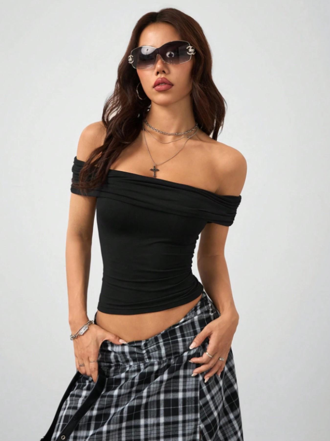 Women's One-Shoulder Ruched Short Top, Bodycon Barbie Neck T-Shirt, Y2K Retro Street Style, Summer Elastic Soft Fashion