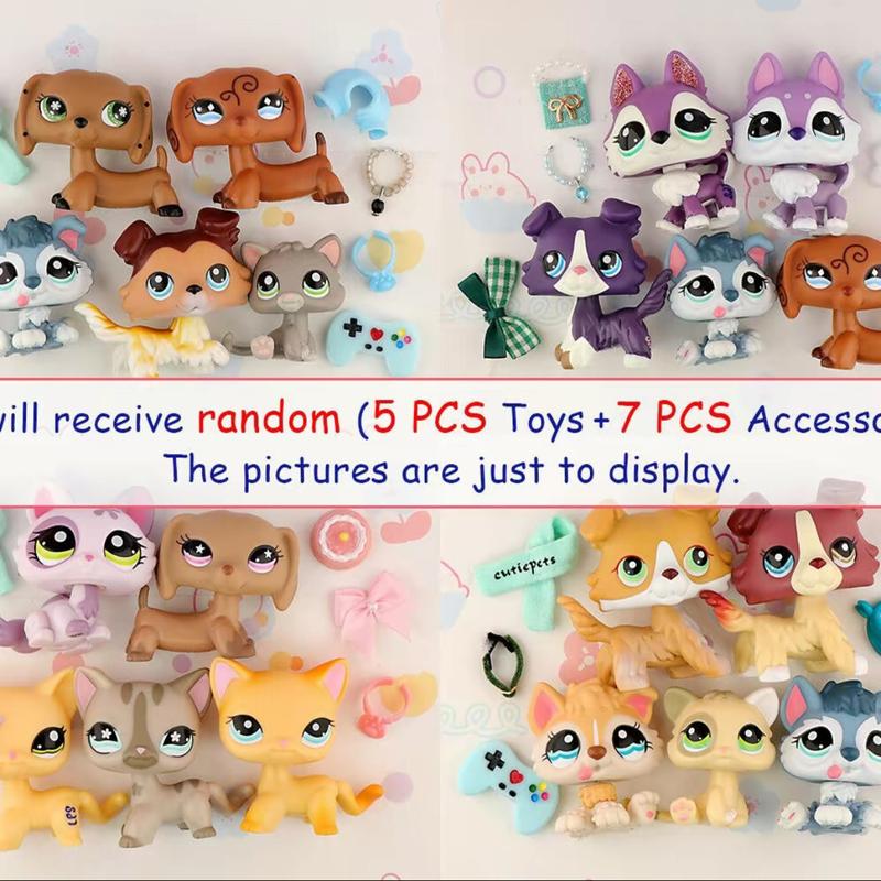 5PCS Random Miniature Cat and Dog Figures and Random 7pcs Accessories for LPS Collection Collectible Soft Animal Cute Animal Design