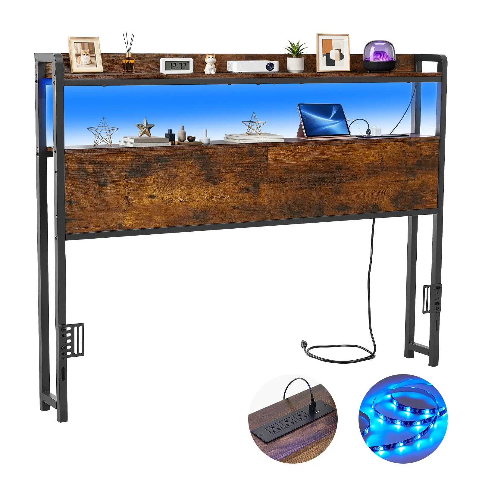 VEVOR Headboard for Full Size Bed, with 2 Storage Shelves, LED Light, 3 Outlets, and 3 USB Ports, Sturdy and Stable Carbon Steel Frame Head Board with Charging Station, Adjustable Height, Black