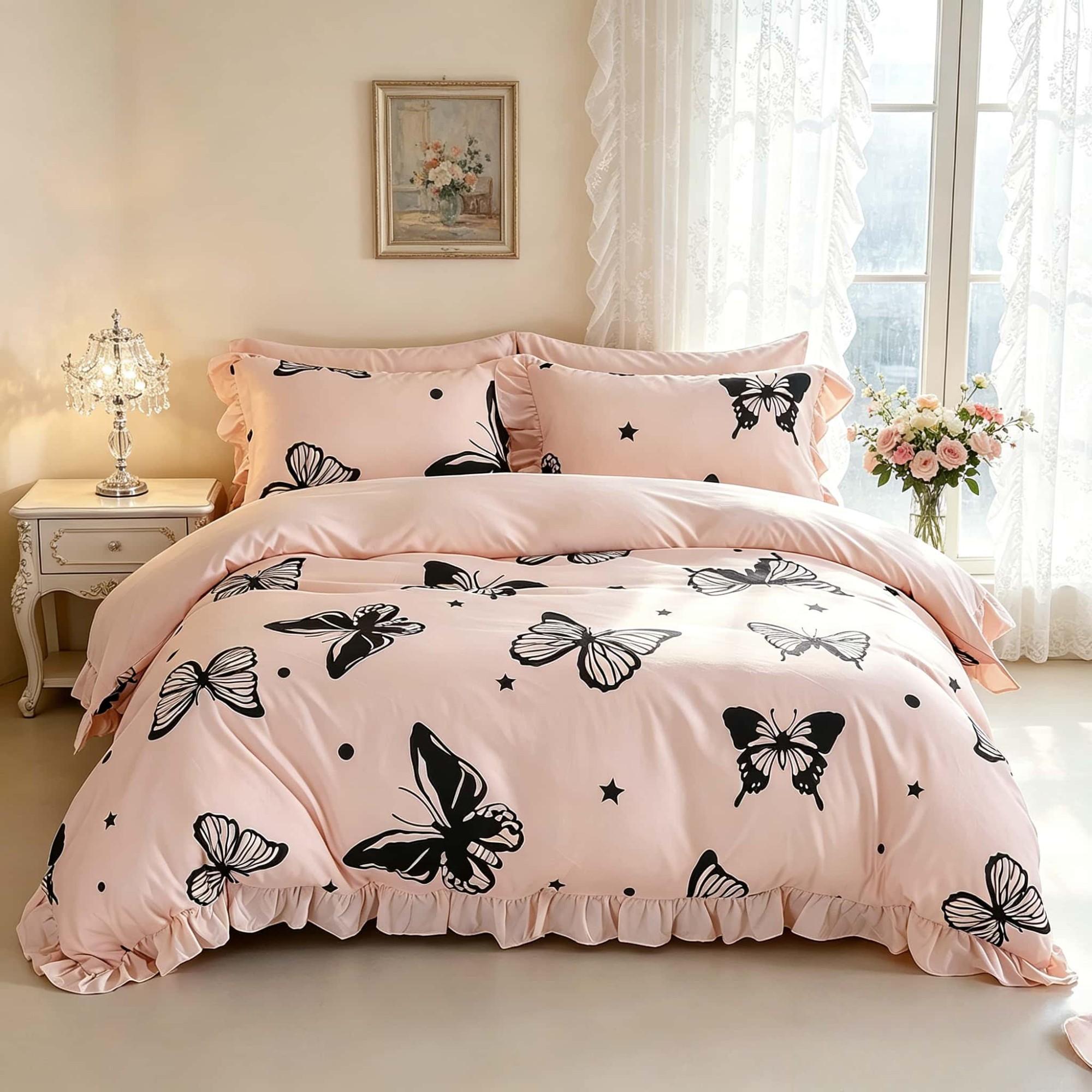 3-Piece Pink Butterfly Print Ruffled Bedding Duvet Cover Set includes 1 ruffled duvet cover and 2 pillowcases (without inserts).The duvet cover is designed with a zipper for easy removal and washing.