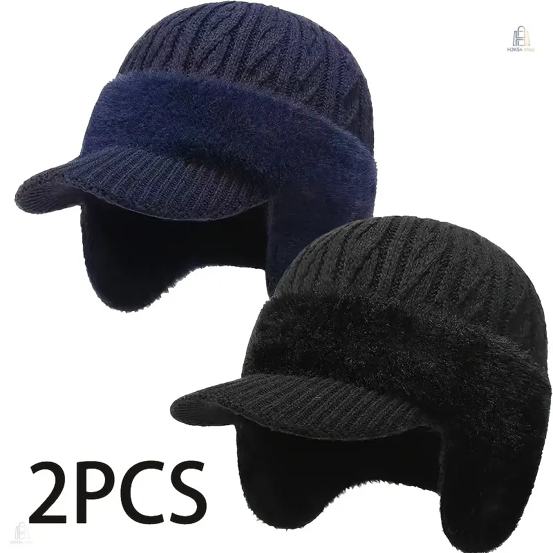 2Pcs Unisex Thick Fleece Winter Cap, Cold Weather Trapper Hat with Ear Flaps & Visor, Windproof Warm Hat, Ideal for Cycling, Outdoor Activities & Daily Commute