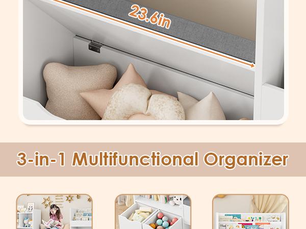 FOTOSOK 72'' Kids Bookshelf with Reading Nook, Large Toy Storage Organizer with Seat Cushion and 3 Movable Drawers, Kids Reading Nook Toy Organizers and Storage with Bench for Playroom