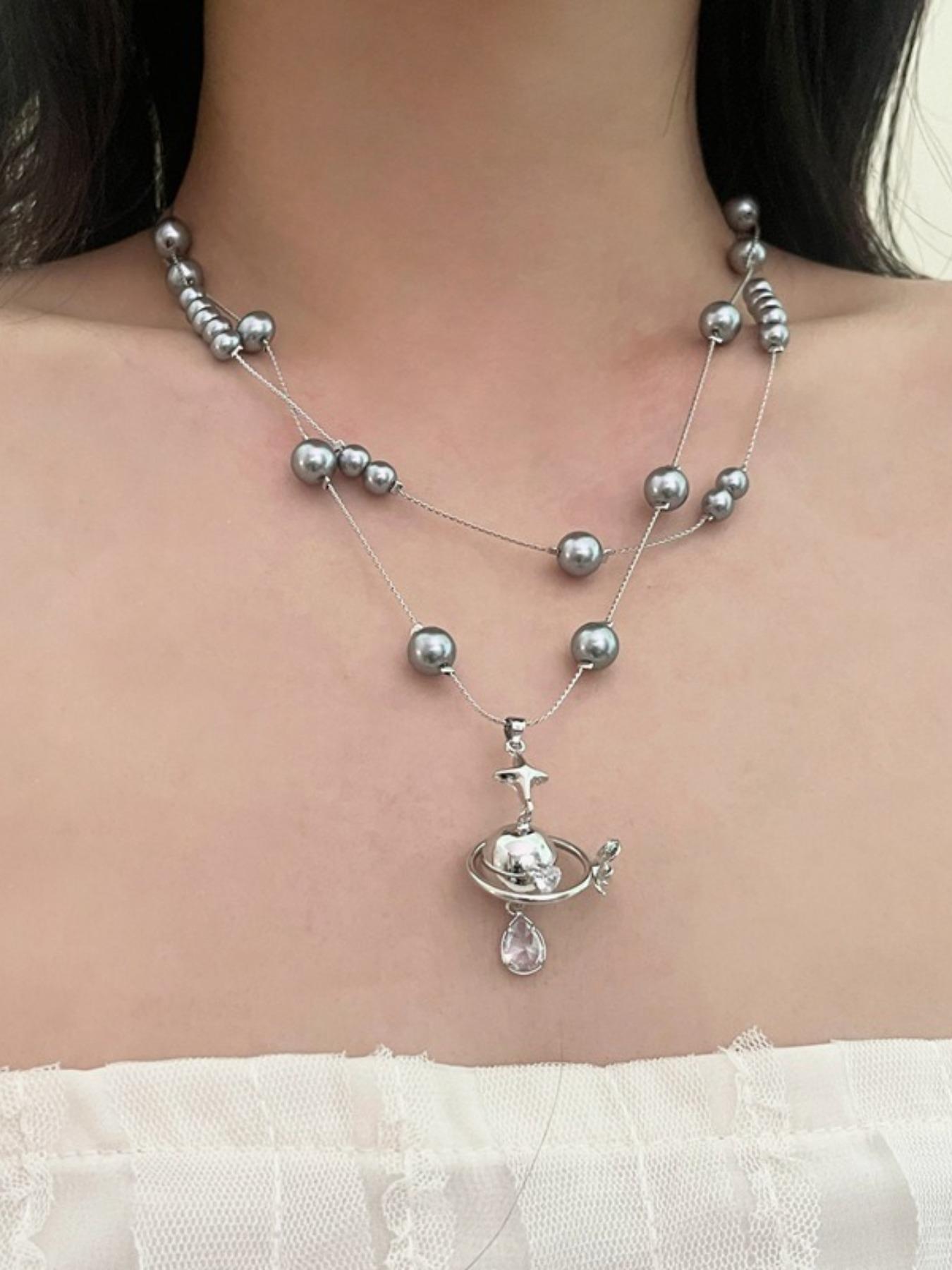 Elegant Rhinestone Saturn Pearl Pendant Necklace, French Luxury Style Choker Chain, Unique Fashion High-End Jewelry for Women
