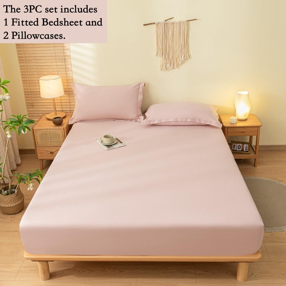 3pcs Solid Elastic Fitted Sheet, Non-Slip Mattress Protector, Full Coverage Deep Pocket Fits Thick Mattress, Soft Breathable Skin-Friendly Fabric, Wrinkle-Free Hotel Bedding