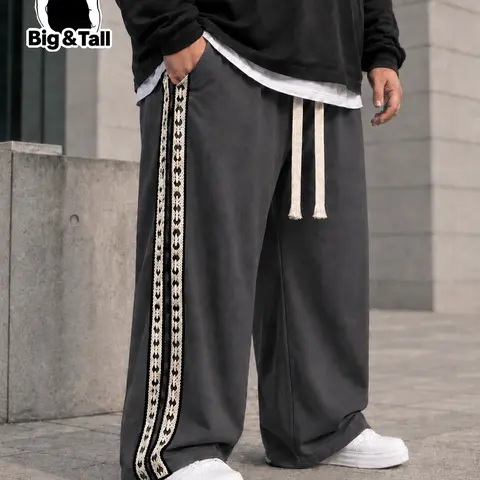 Men's Plus Size Solid Color Straight Leg Casual Pants, Soft Knit Fabric, Contrast Side Webbing, Fringe Drawstring Waist, Loose Fit, Spring Fall, Street Pants