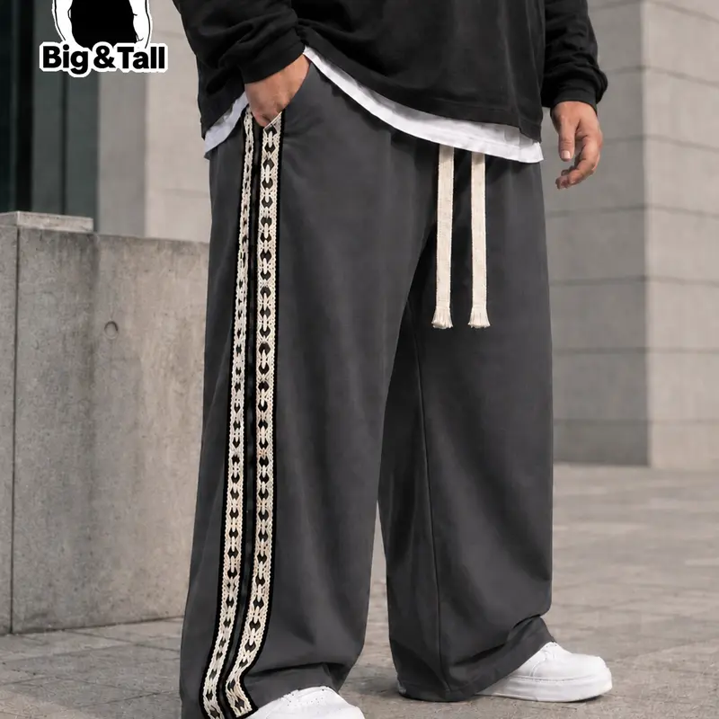 Men's Plus Size Solid Color Straight Leg Casual Pants, Soft Knit Fabric, Contrast Side Webbing, Fringe Drawstring Waist, Loose Fit, Spring Fall, Street Pants