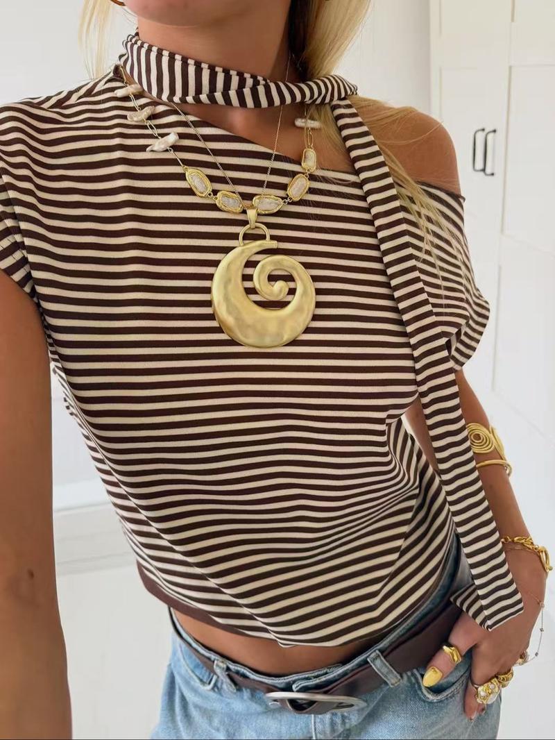 Striped Crop Top Women Cold Shoulder Halter Neck Sleeveless Tie Neck Cut Out Shoulder Slim Fit Casual Streetwear Summer Cropped Top Stretchy Knit Brown Striped Y2K Chic Casual Sexy Trendy Lightweight Daily Wear Modern Minimalist Top