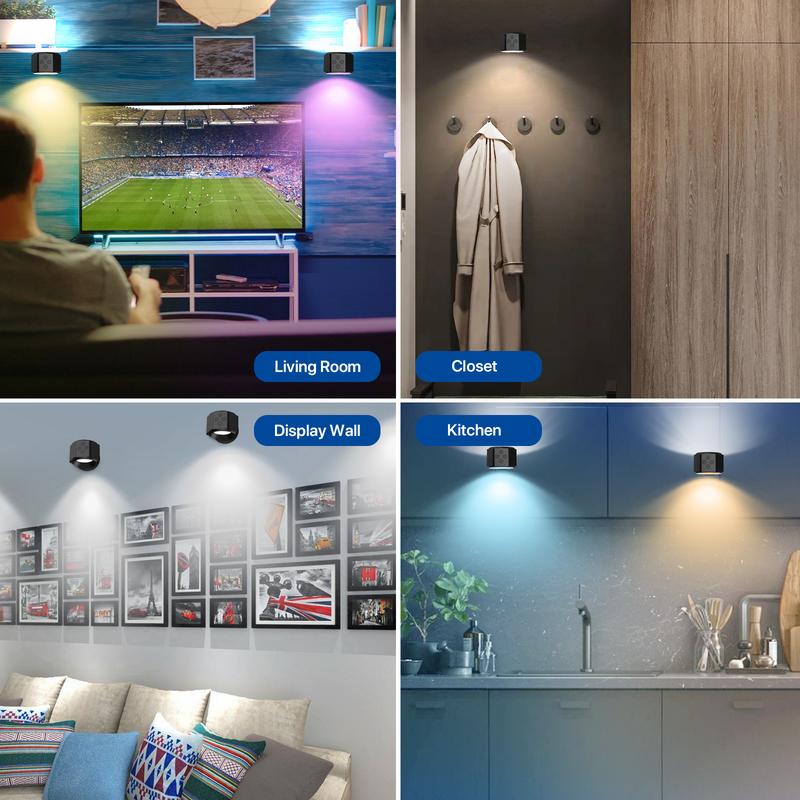 GLITGATE Wireless Wall Lamp, Magnetic Rechargeable RGB light, Remote and Button Control Wall Sconce,Adjustable Night Light, Book Lights for Bedroom,living room,Kids Study,Display Wall,Hallway,Kitchen,Stair,Basement