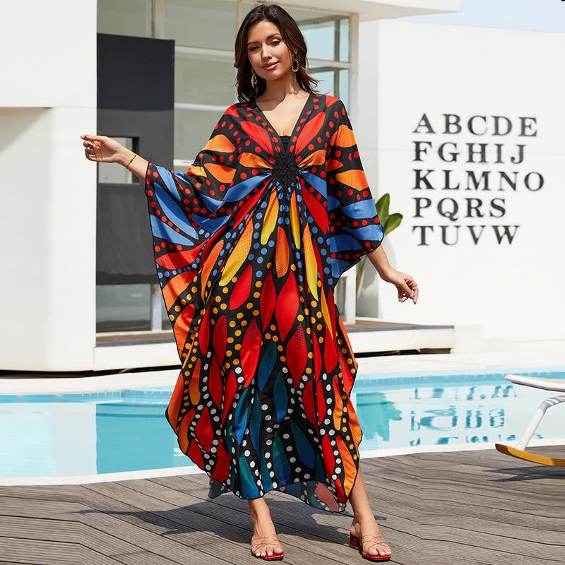 Bsubseach Women's Ethnic Print Kaftan Dress Plus Size All Over Print Sleeve Tunic Dress Boho Casual V Neck 3/4 Sleeve Tunic Dress for Women Mrs Roper Kaftan Bubu Mumu Casual Womenswear Summer Bohemian