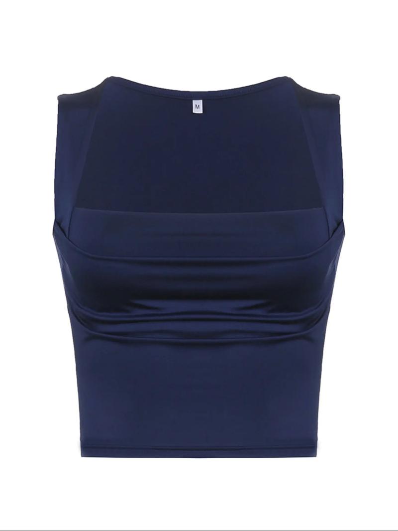 Women's Plain Ruched Square Neck Crop Tank Top, Casual Sleeveless Cropped Top for Fall, Minimalist Basic Short Tops, Ladies Clothes for Daily Wear, Summer Top