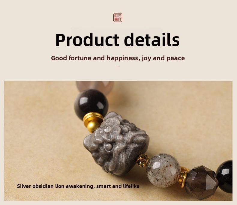 [Wealth Abundance] crystal bracelet, silver obsidian grey agate smoky quartz super seven tiger eye white crystal, unisex, daily wear gift, 10mm beads, natural stone lion ornament gold accents, wealth blessing abundance symbol