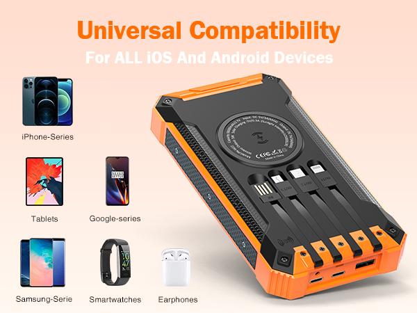 GOODaaa W22 36000mAh Solar Power Bank Wireless Charger Built in 4 Cables 6 Outputs 15W Fast Charging Power Bank for All Mobile Devices 3 Inputs Solar Portable Charger with Dual Flashlights, Carabiner