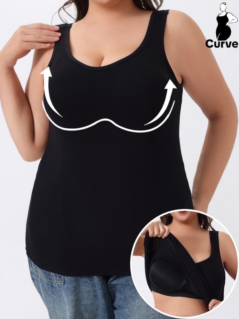 【Plus Size】 Solid Color Wireless Tanks, Soft Comfortable Breathable Tanks with Built in Bra, Women's Underwear for Daily Wear