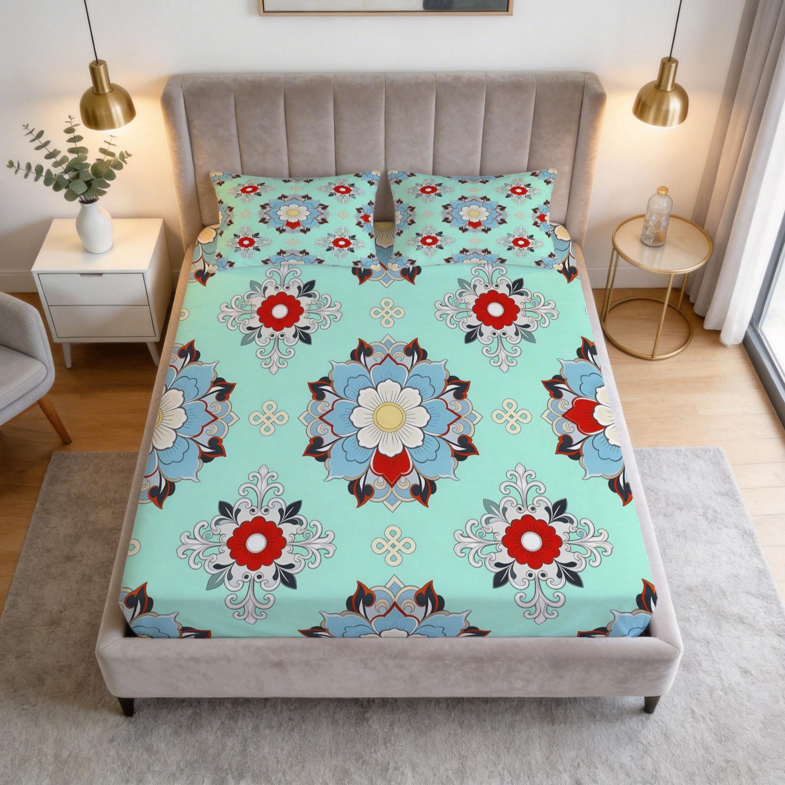 3 Piece Vintage Floral Mandala Fitted Sheet Set, HD Digital Printed Bed Sheet Set, Deep Pocket Soft Bedding Set (Pillowcases No Inserts) for Bedroom Decor