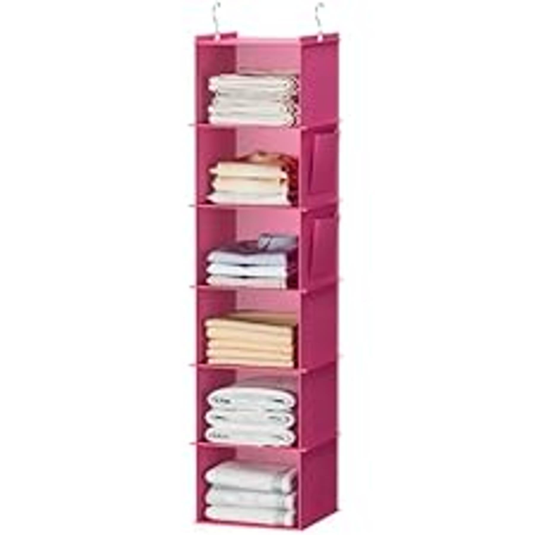Colorful Bamboo 6-Shelf Weekly Hanging Closet Rack with Insert Hooks & 2 Side Pockets, Pink Kids’ Clothes Organizer