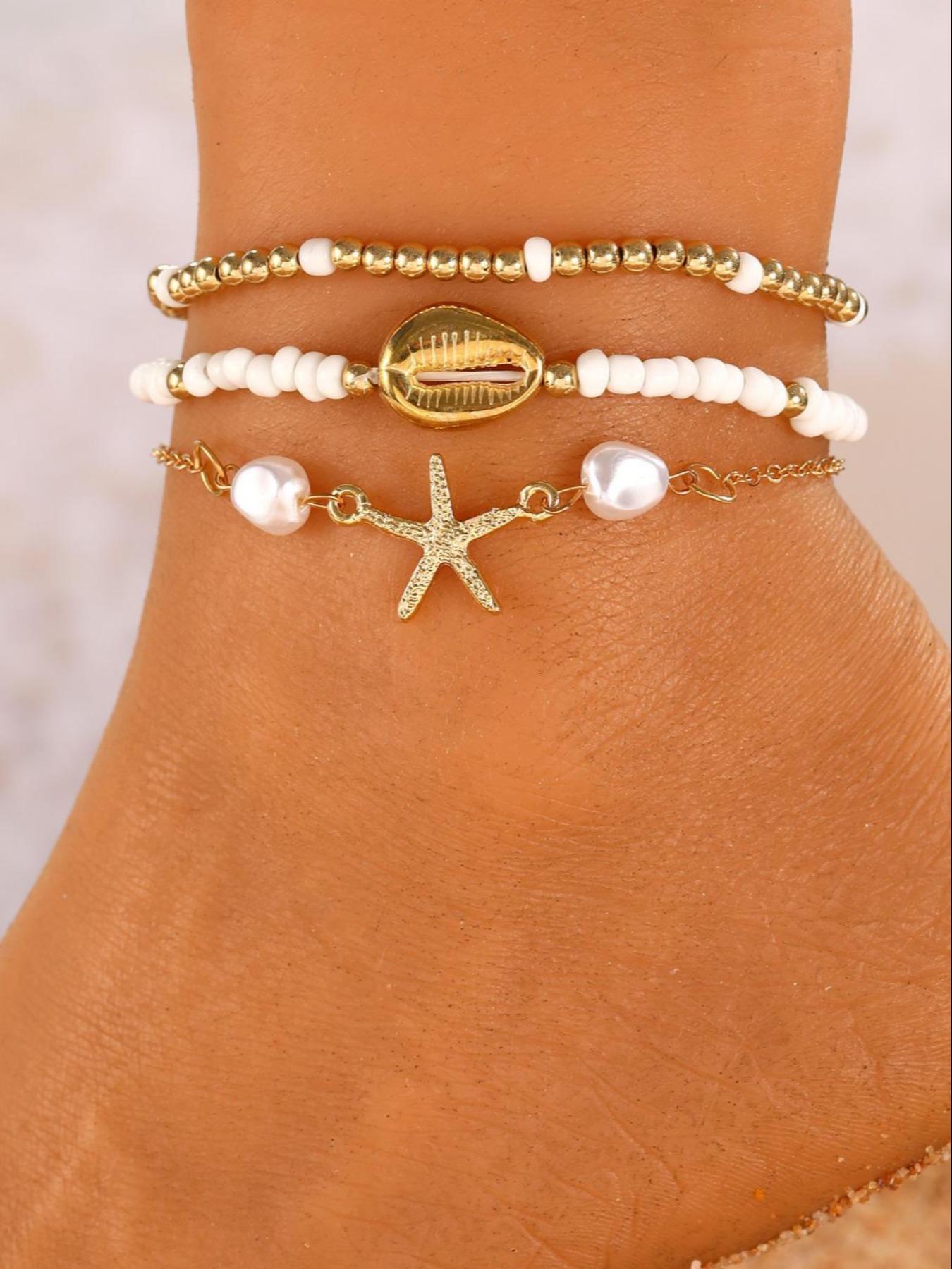 Three-Piece Summer Beach Anklet Set, Starfish Fish Shell Faux Pearl Design, Girl Jewelry, Fashion Accessory, Perfect for Daily