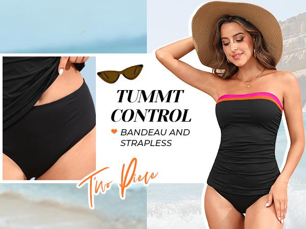 Aqua Eve Bandeau Swimsuits for Women Two Piece Bathing Suits Ruched Tummy Control Tankini Sets Strapless Swimwear