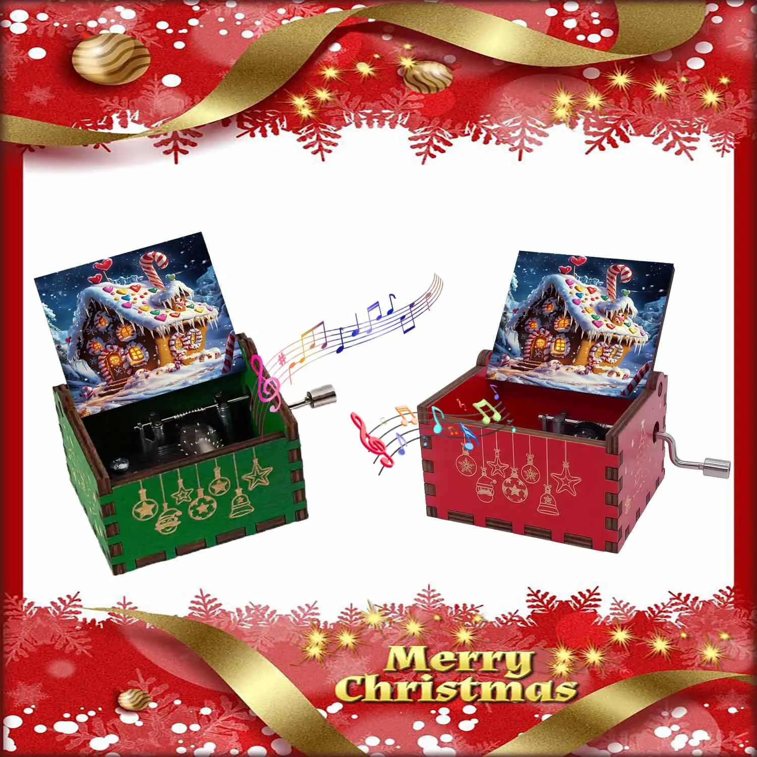 1pc Vintage Wooden Hand-Cranked Music Box, Enchanting Gingerbread House pattern, Christmas Gift for Family and Friends, Ideal for Birthdays, Christmas gifts, New Year's gift, Home Decor Item, Mu