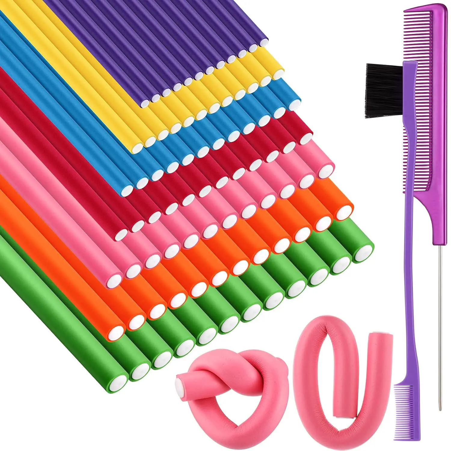 Tigeen 84 Pieces Flexible Curling Rods Twist Foam Hair Rollers Soft Foam Bendy Hair Rollers No Heat with Rat Tail Comb Edge Brush for Short Medium Long, 7 Sizes(Purple)