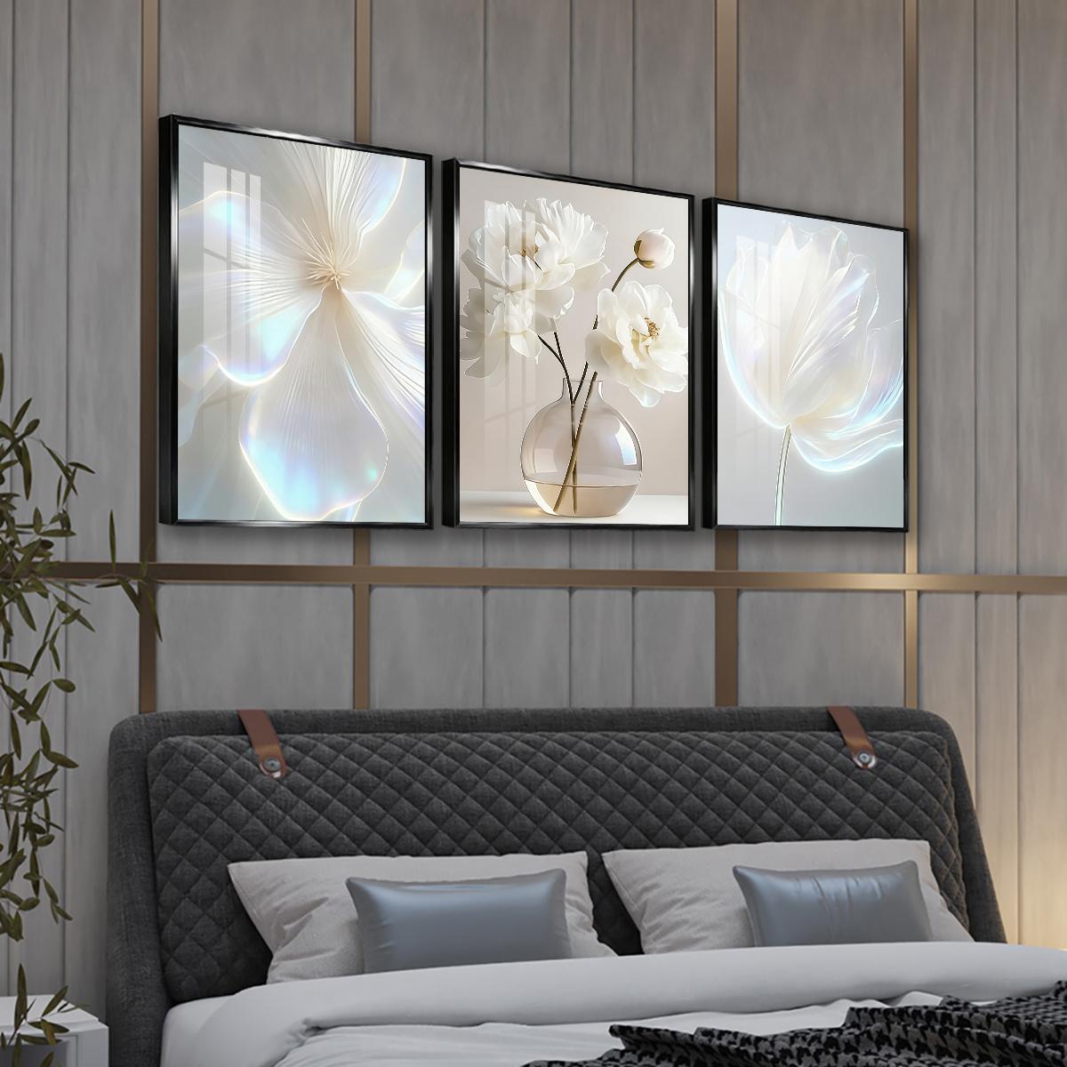 3 Counts Aluminum Alloy Framed Painting, White Floral Vase Artwork, Home Decoration For Living Room, Bedroom, Office, Restaurant, Hallway Wall Decor, Odorless Print Artwork, Luxury Perfect Gift For Friends And Family