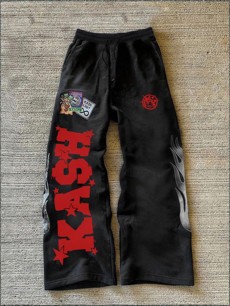Trendy Black Fleece - lined Sweatpants with "KASH" Lettering, Star and Flame Graphics, Ideal for Street - style and Hip - hop Wear, Trending on TikTok #Sweatpants #StreetFashion #TikTokTrend, Sports Casual Pants