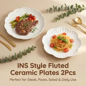 Set of 2 INS Scalloped Fluted Floral Ceramic Dinner Plates, Microwave & Dishwasher Safe Multipurpose Tableware, Elegant Porcelain Serving Plates for Steak, Pasta, Fruit, Salad, Dessert, Home Kitchen Daily Dining & Party Use