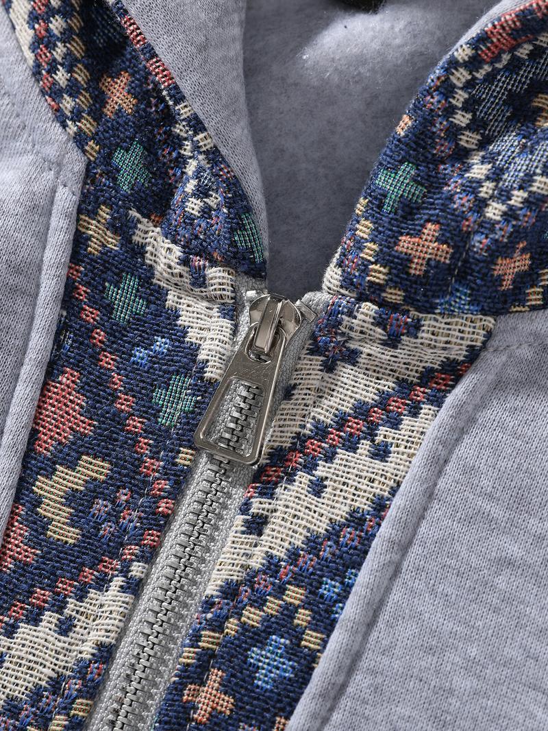 Unisex Retro Ethnic Patchwork Half Zip Hoodie, Casual Comfy Regular Fit Long Sleeve Pullover for Fall & Winter Daily Wear