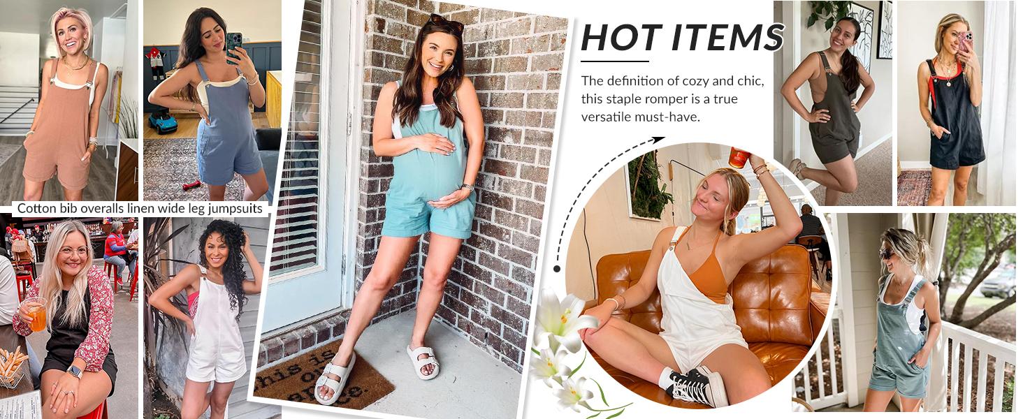 UANEO Women's Cotton Linen Short Overalls Casual Summer Bib Shortalls with Pockets Lady Comfort Minimalist