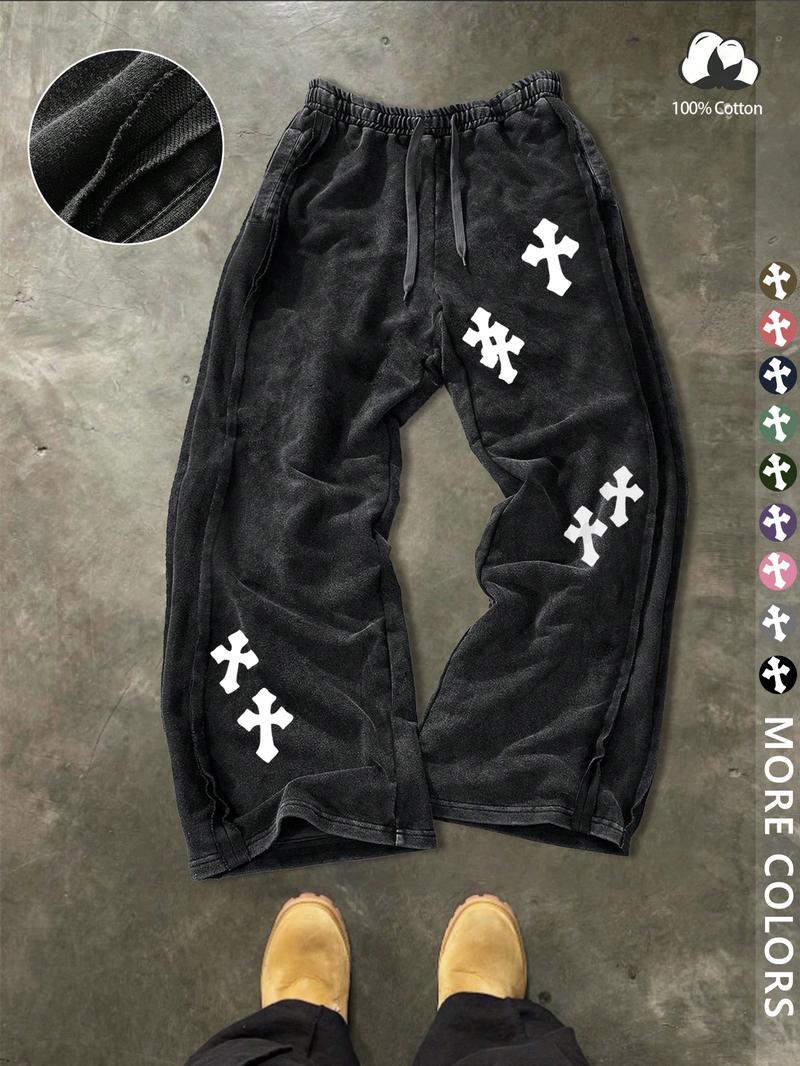 Unisex Street Style Cross Print Cotton Sweatpants, Loose Fit, Elastic Waist, Washed Cotton Fabric, Casual Fashion, Y2K.men's gift