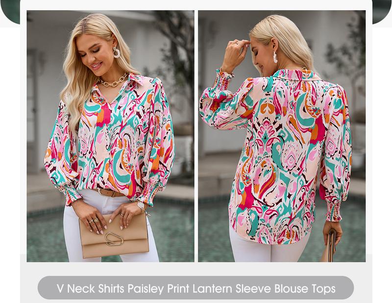 EVALESS Women's Casual Paisley Graphic Floral Print Springtok Shirts Tops V Neck Lantern Long Sleeve Loose Fitted Blouses 2026 Womenswear Trendy Outfits