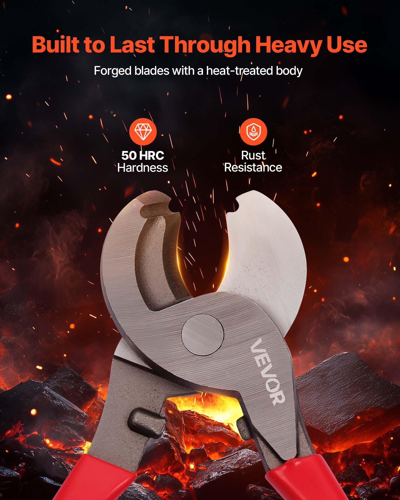 VEVOR High Leverage Cable Cutter, 9-1/4 in Compact Cutting Pliers, Forged Blades, PVC-Coated Handles, Heavy Duty Tool for 4/0 AWG Aluminum, 2/0 AWG Soft Copper, 100-Pair 24AWG Comm Cables, Pvc Handles