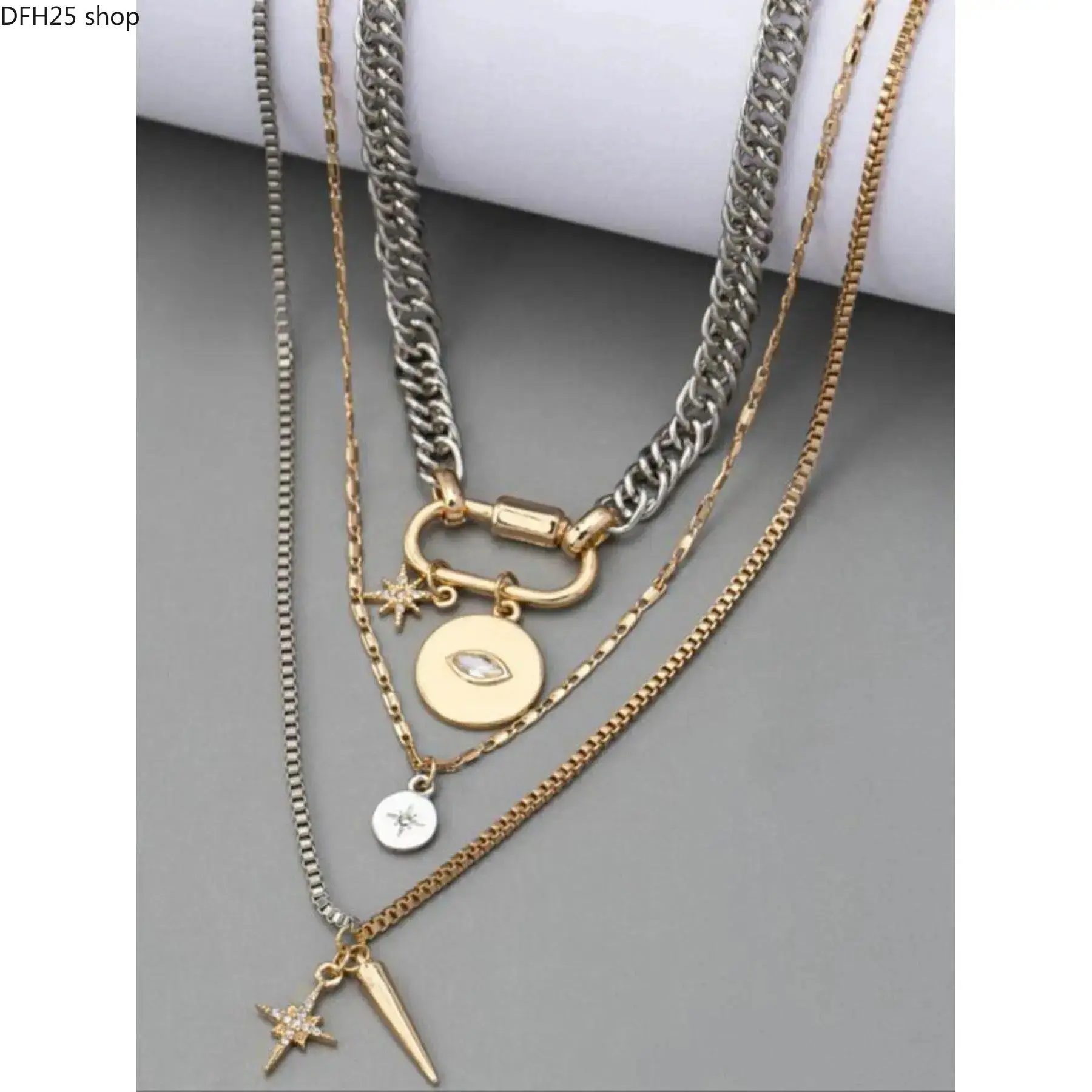 Layered Eye Pendant Necklace for Women, Silver and Gold Tone Chain Jewelry with Minimalist Charm Design for Casual Outfits and Daily Wear