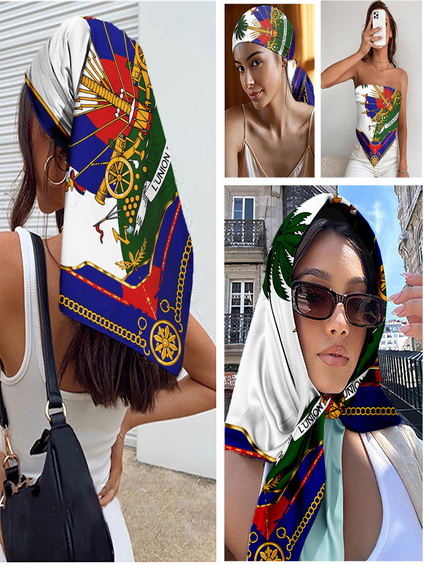 Haiti Cultural Scarf Cape Shawl Wrap – Coat of Arms Palm Tree Cannon Flags Print, Home Decor & Outfit Styling