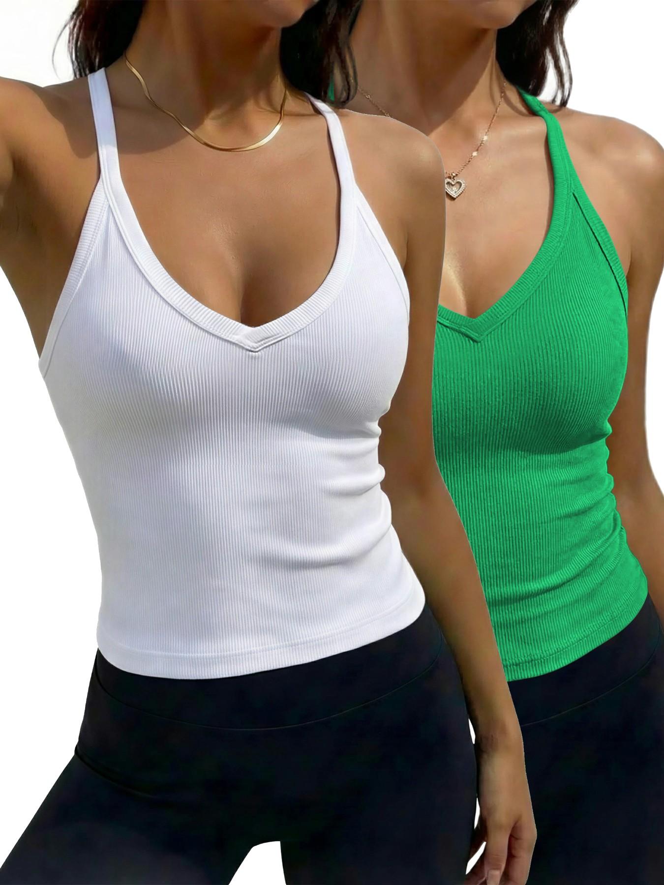 Women's Solid Racerback Tank Top, Casual Sleeveless Deep V- Neck Top for Summer, Ladies Clothes for Daily Wear, Breathable Sleeveless Tops