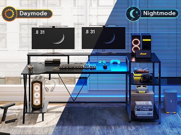 sedeta Gaming Table 70.8 in. with LED Lights and Storage Shelf Computer Table with Monitor Stand, Power Outlet and Cup Holder Ergonomic Table