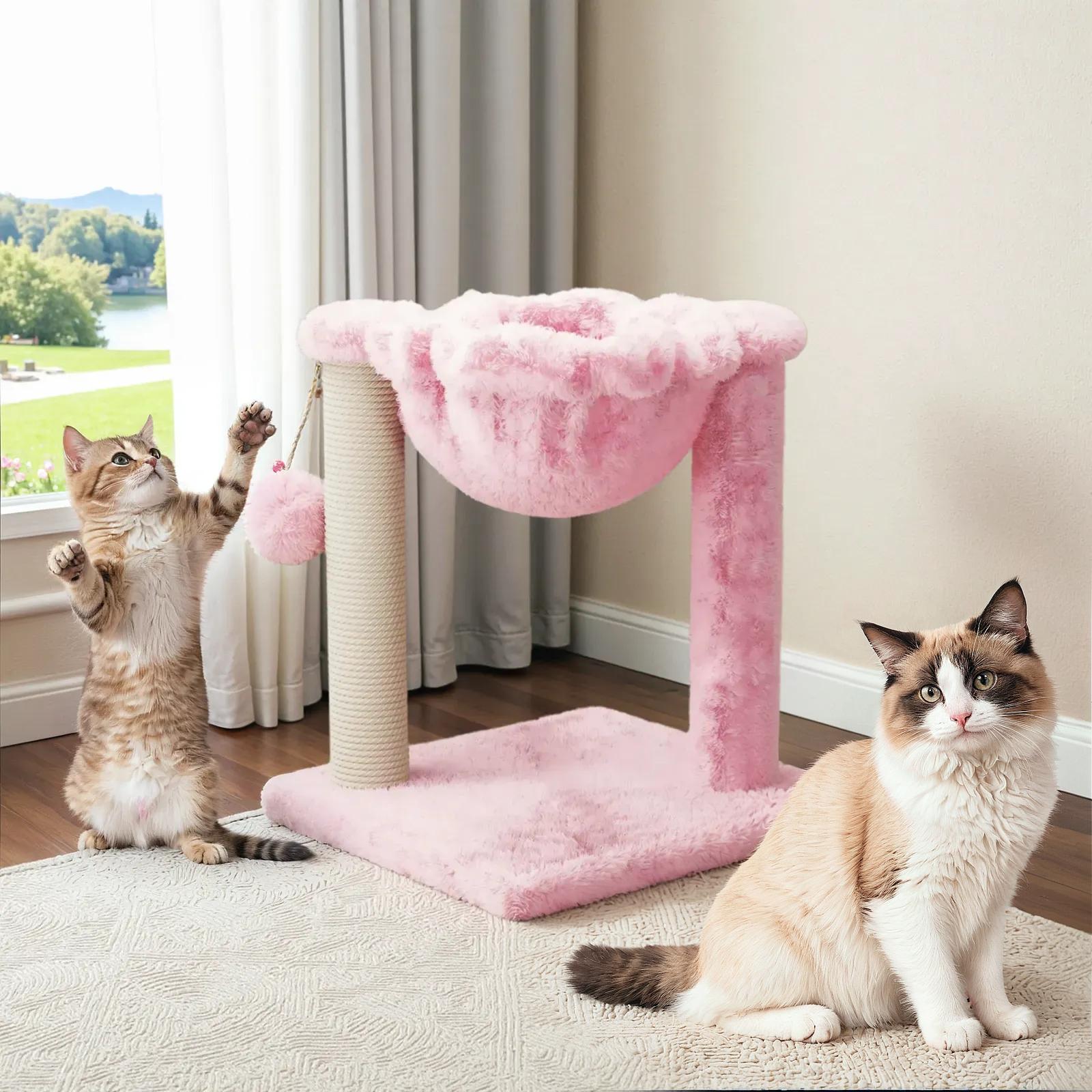Sha Cerlin 14in Cat Toy Cat Tree,Single Cat Basket with Double Ears,Sisal Scratching Post with Plush Hammock, Dark Blue/Beige/Grey/Pink#ChristmasGifts#TikTokShopBlackFriday