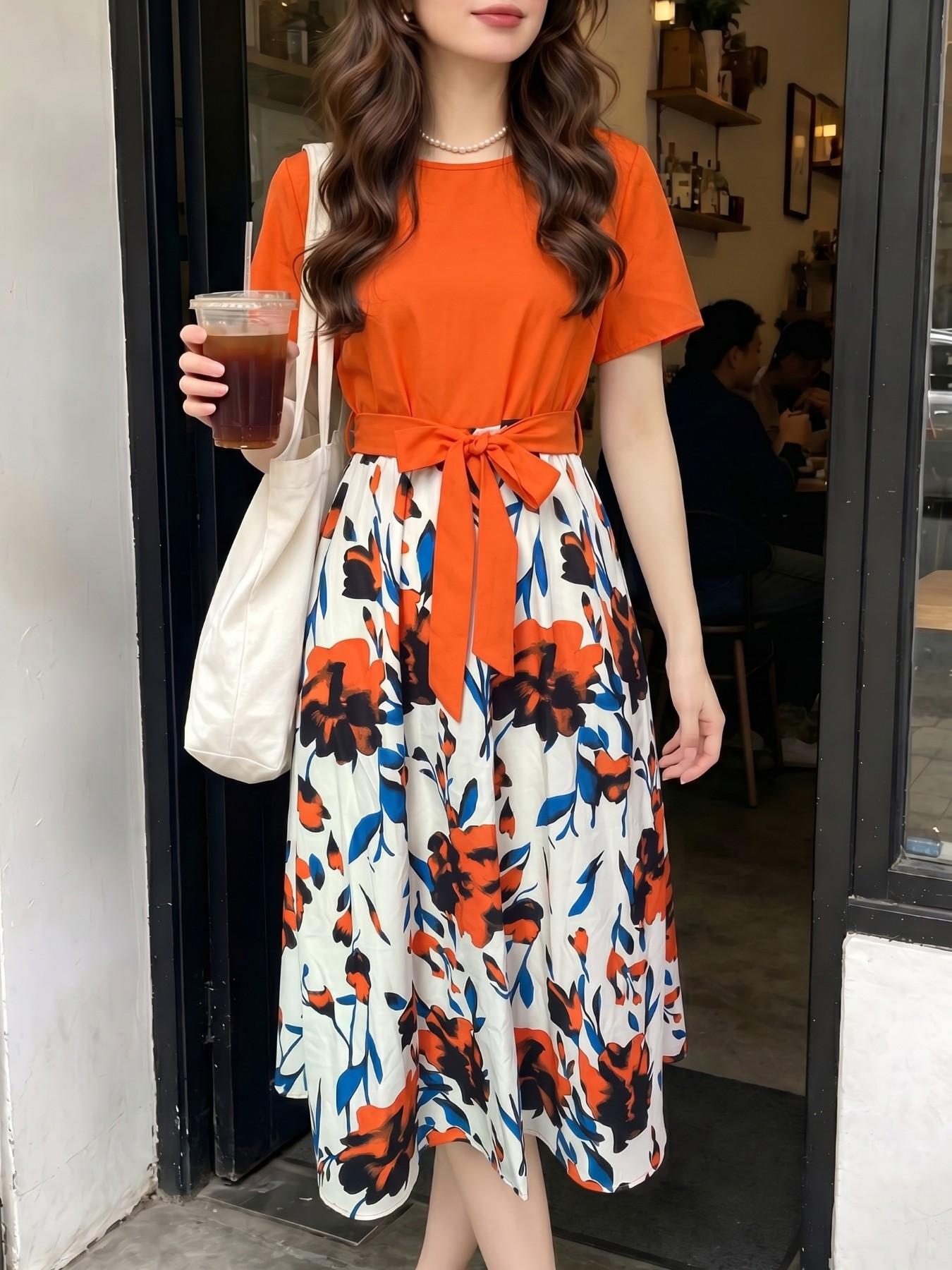 Women's Summer Short Sleeve Dress, Elegant Floral Print Long Skirt, Versatile Two-Piece Design, Soft & Chic Style, Perfect for Daily Wear  Slim Fit Waist Dress Ladies Casual Outfit