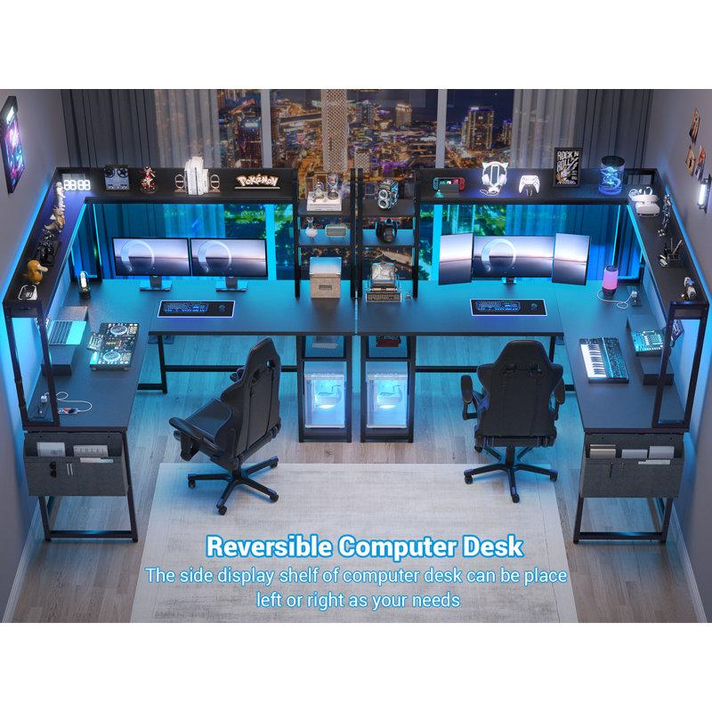 Unikito L-Shaped Desk with Hutch & Power Outlet Gaming Desk Corner Computer Desk with LED Lights Reversible Design Sturdy Metal Frame MDF Board Adjustable Storage Shelves Black Color 55 x 55 inches Office Furniture