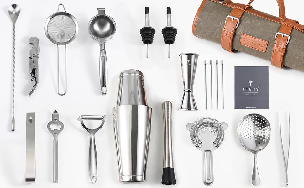 Travel Bartender Kit – 22-Pc Bartending Kit with Bar Bartender Accessories, Waxed Canvas Tool Bag – Stainless Bar Set with Standard Jigger, Squeezer